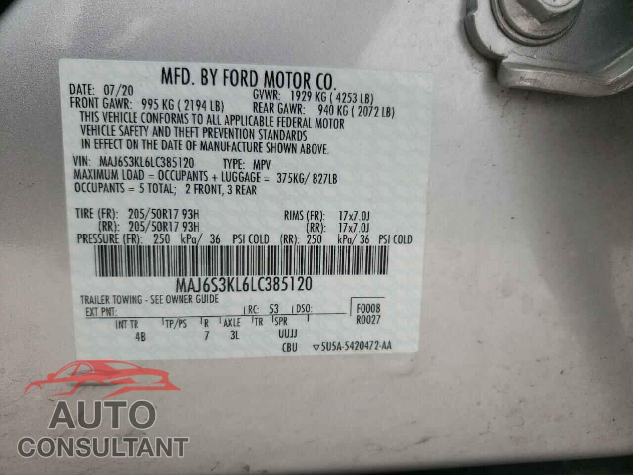 FORD ECOSPORT 2020 - MAJ6S3KL6LC385120
