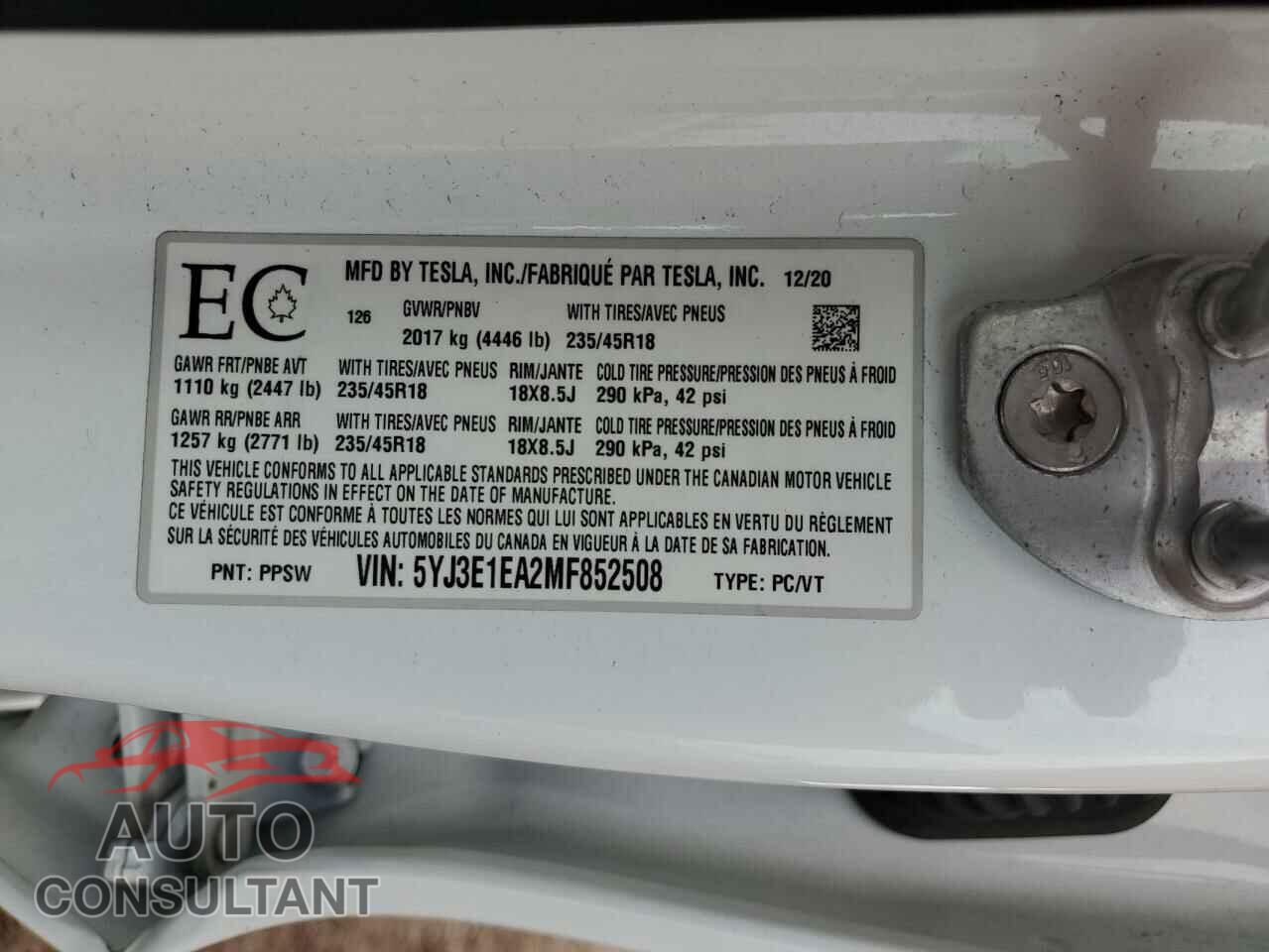 TESLA MODEL 3 2021 - 5YJ3E1EA2MF852508