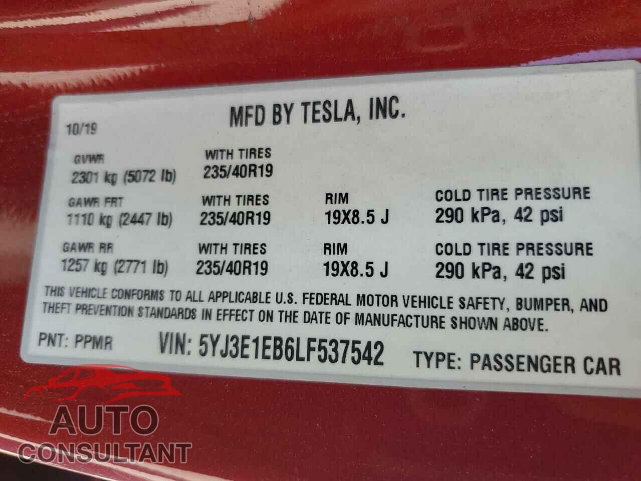 TESLA MODEL 3 2020 - 5YJ3E1EB6LF537542