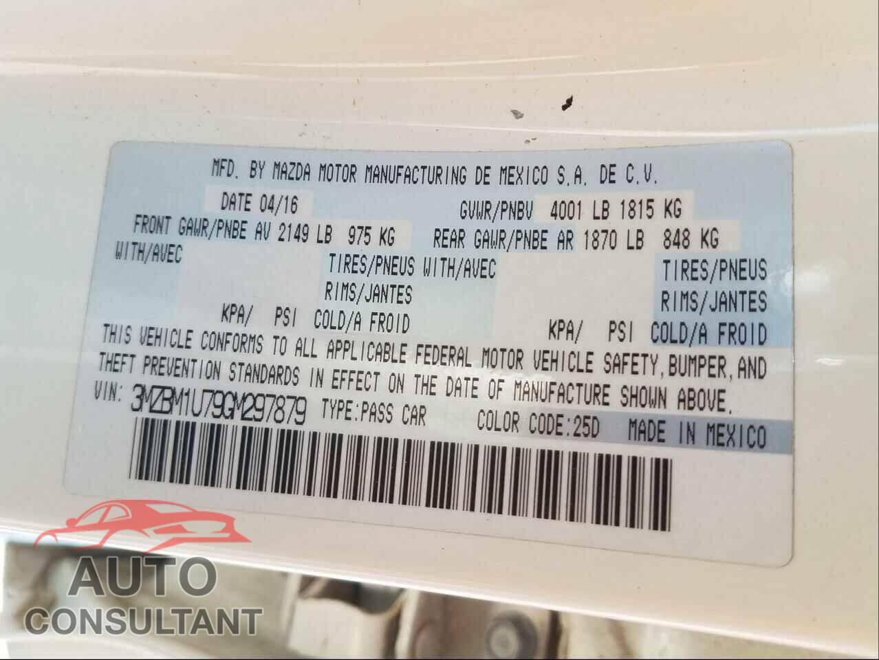 MAZDA 3 2016 - 3MZBM1U79GM297879