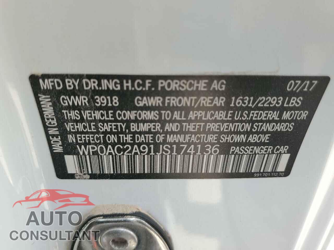 PORSCHE 911 2018 - WP0AC2A91JS174136