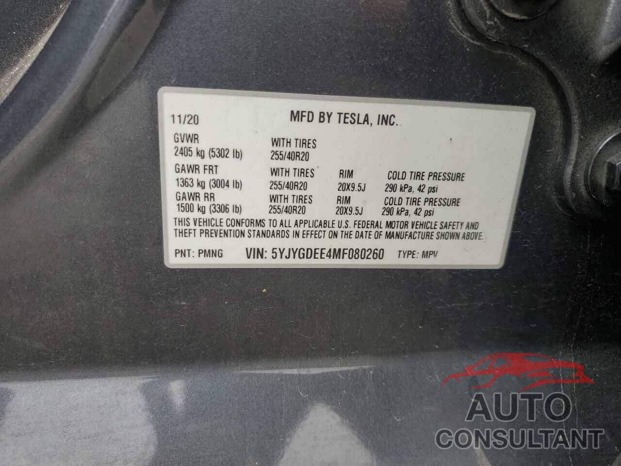 TESLA MODEL Y 2021 - 5YJYGDEE4MF080260