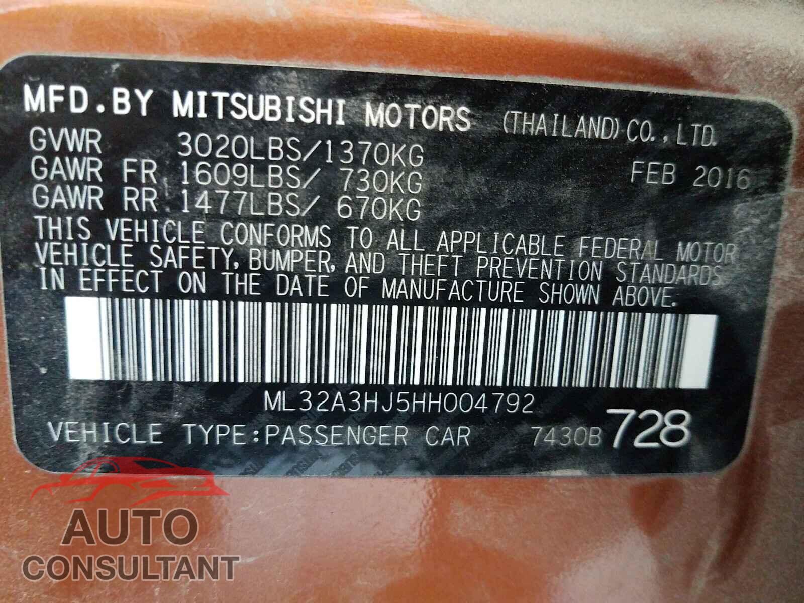 MITSUBISHI MIRAGE 2017 - ML32A3HJ5HH004792