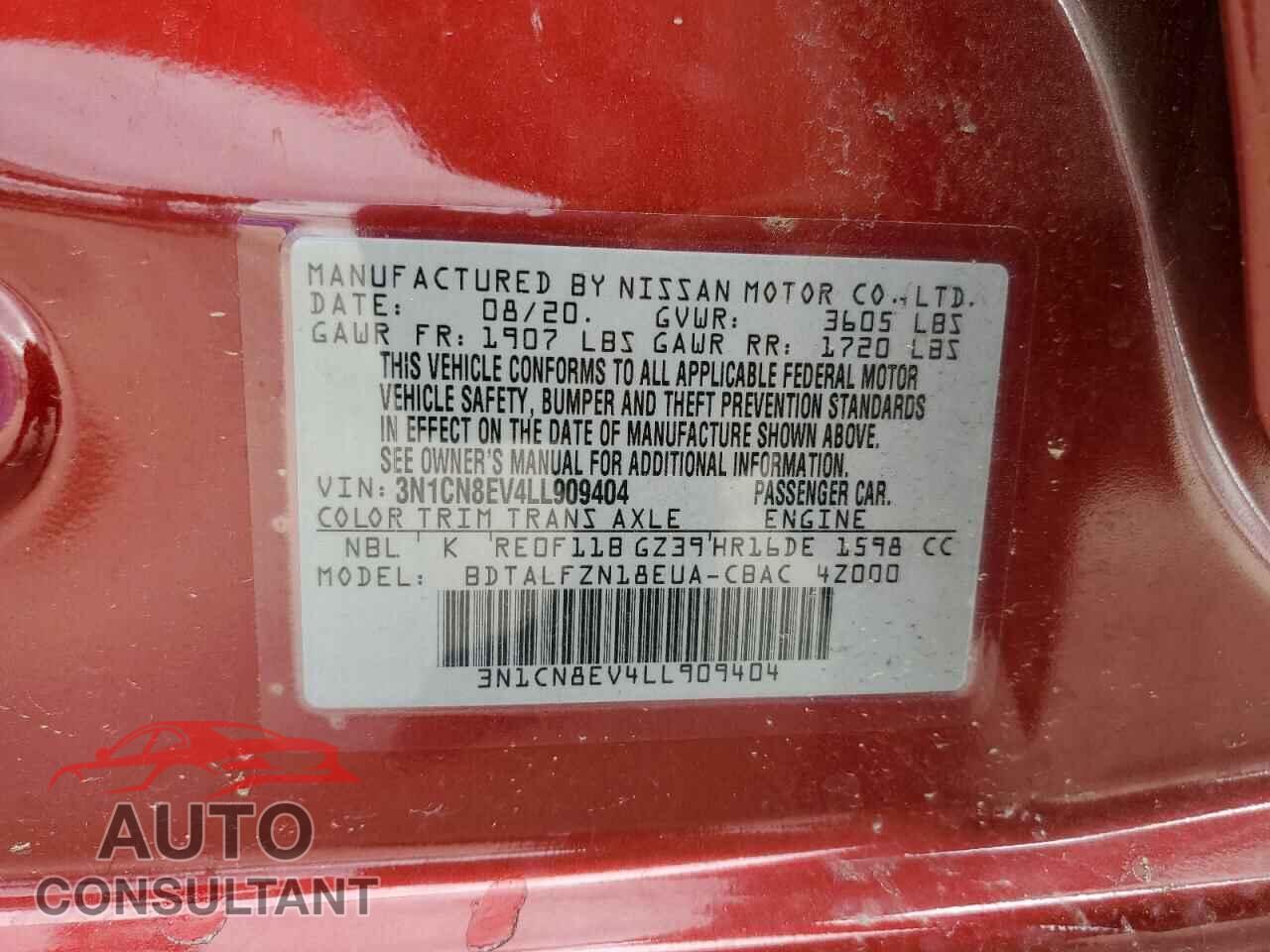 NISSAN VERSA 2020 - 3N1CN8EV4LL909404