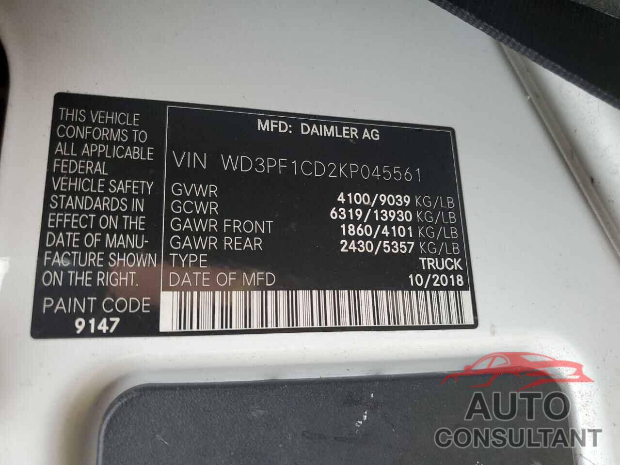 MERCEDES-BENZ SPRINTER 2019 - WD3PF1CD2KP045561