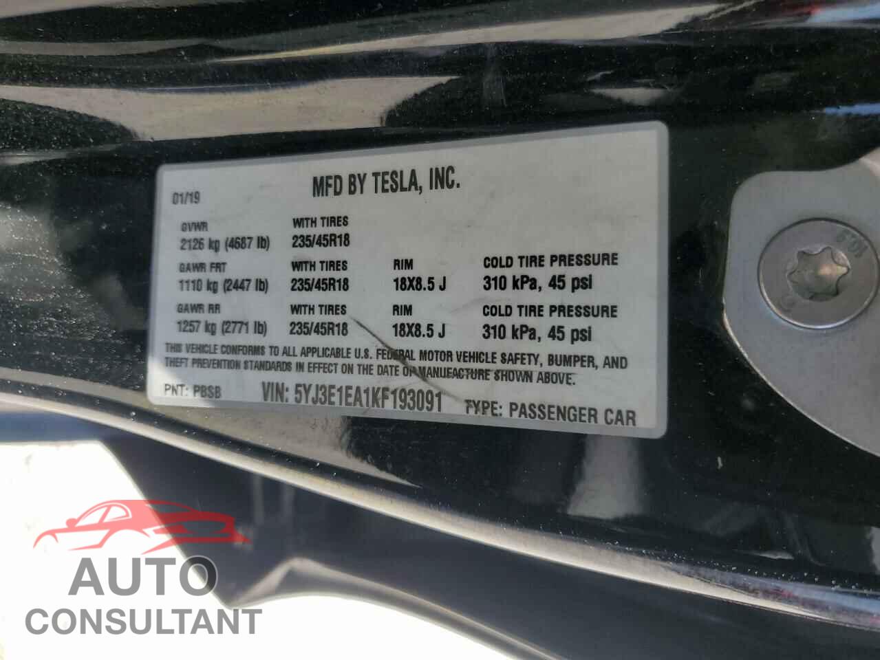 TESLA MODEL 3 2019 - 5YJ3E1EA1KF193091