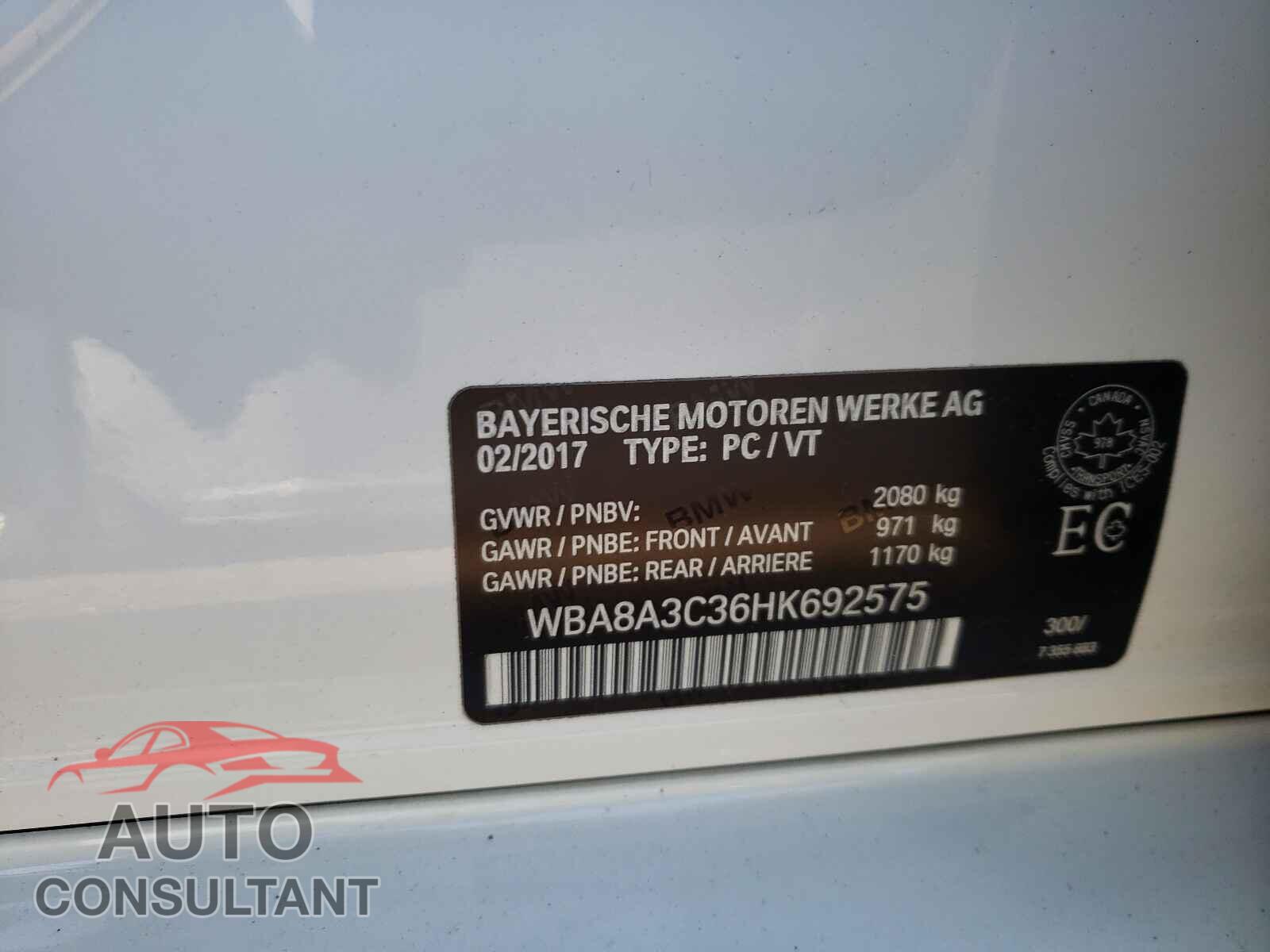 BMW 3 SERIES 2017 - WBA8A3C36HK692575