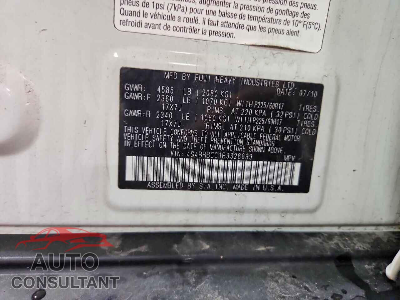SUBARU OUTBACK 2011 - 4S4BRBCC1B3328699