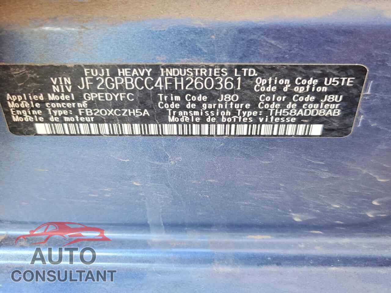 SUBARU XV 2015 - JF2GPBCC4FH260361