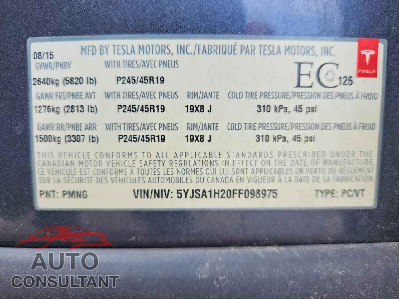 TESLA MODEL S 2015 - 5YJSA1H20FF098975
