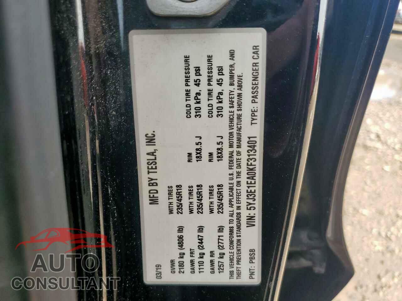 TESLA MODEL 3 2019 - 5YJ3E1EA0KF313401
