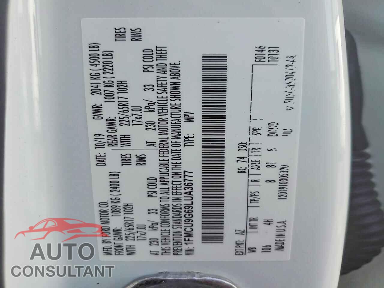 FORD ESCAPE 2020 - 1FMCU9G69LUA36777