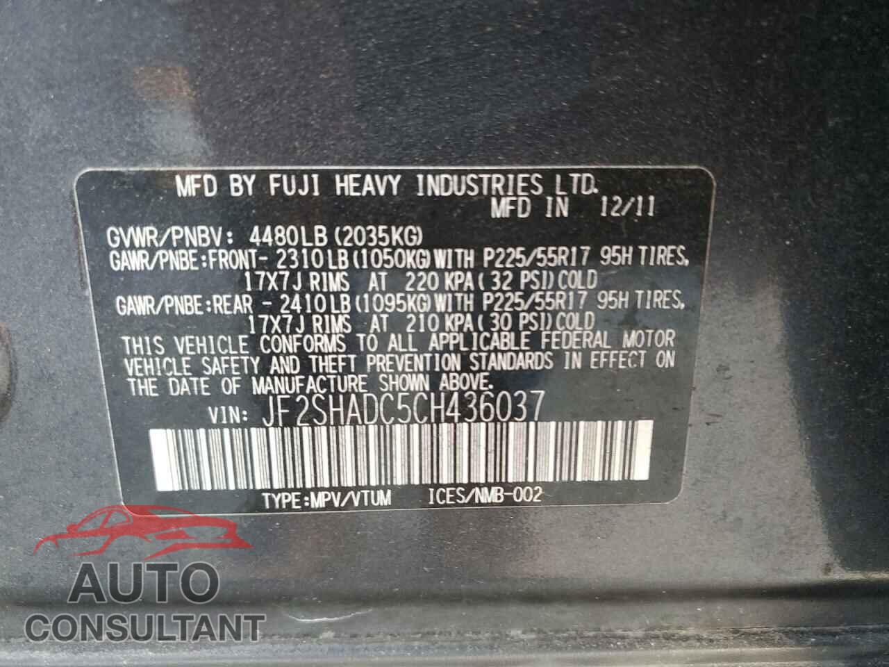 SUBARU FORESTER 2012 - JF2SHADC5CH436037