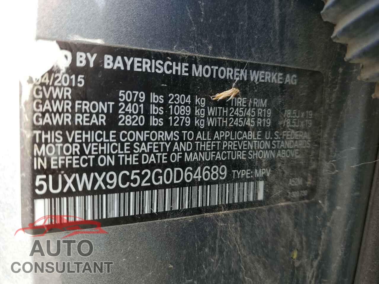 BMW X3 2016 - 5UXWX9C52G0D64689