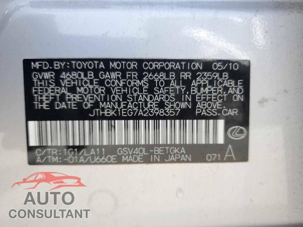 LEXUS ES350 2010 - JTHBK1EG7A2398357