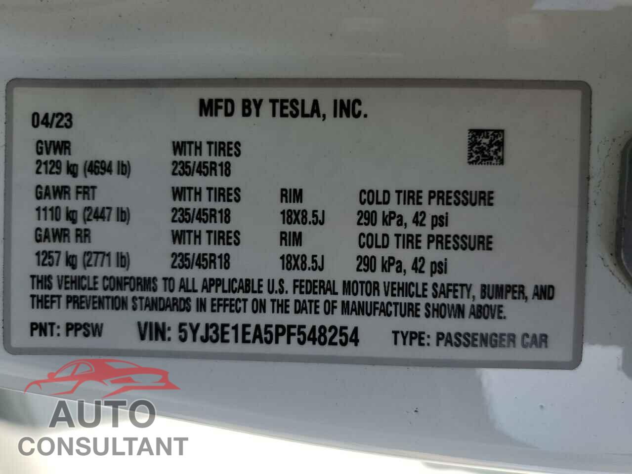 TESLA MODEL 3 2023 - 5YJ3E1EA5PF548254