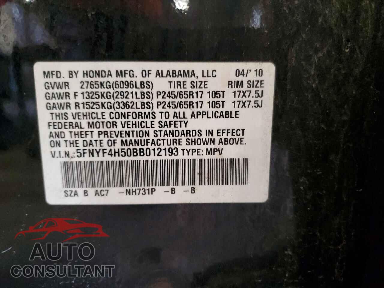 HONDA PILOT 2011 - 5FNYF4H50BB012193