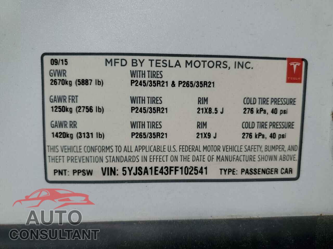 TESLA MODEL S 2015 - 5YJSA1E43FF102541