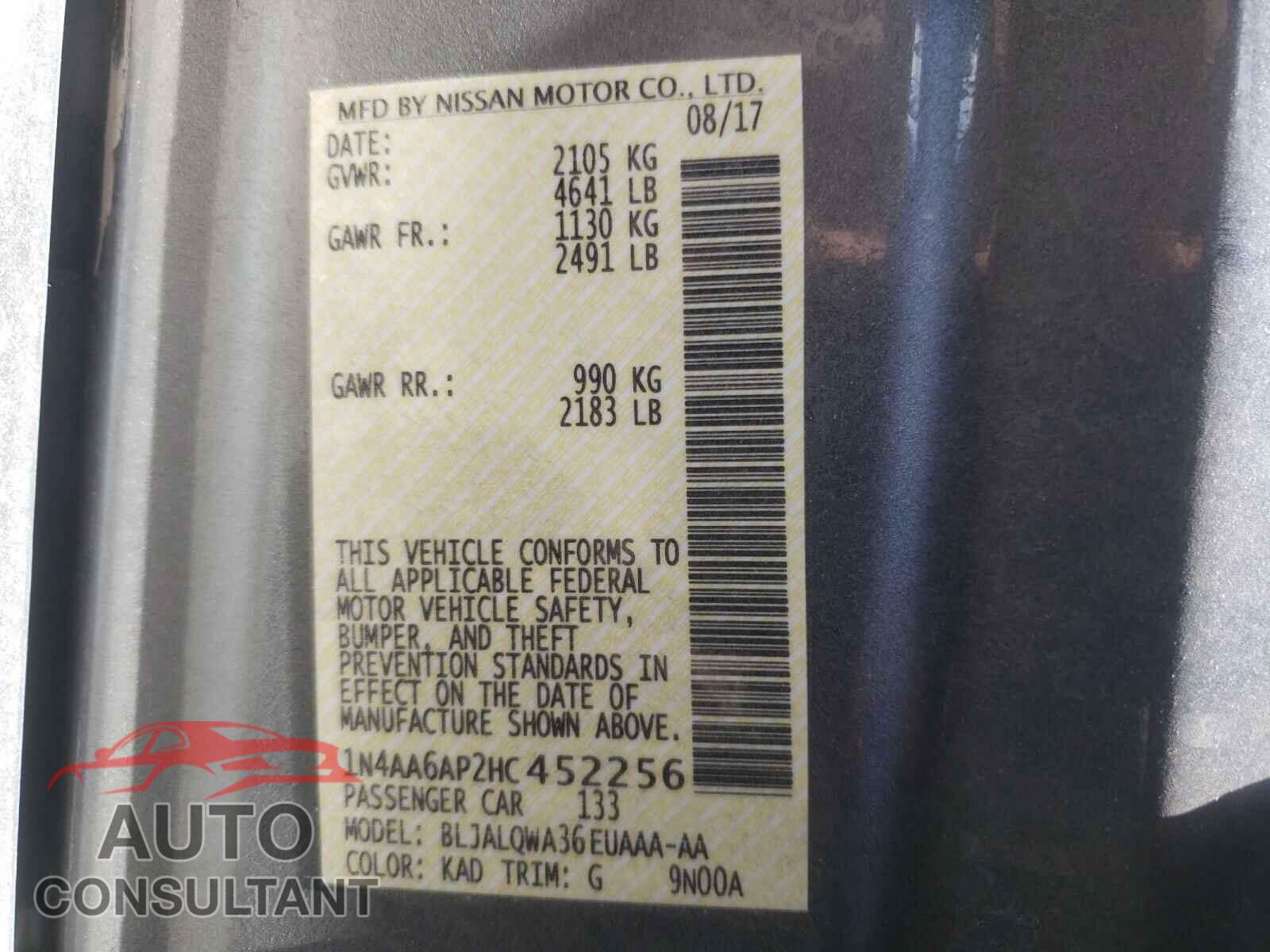 NISSAN MAXIMA 2017 - 1N4AA6AP2HC452256