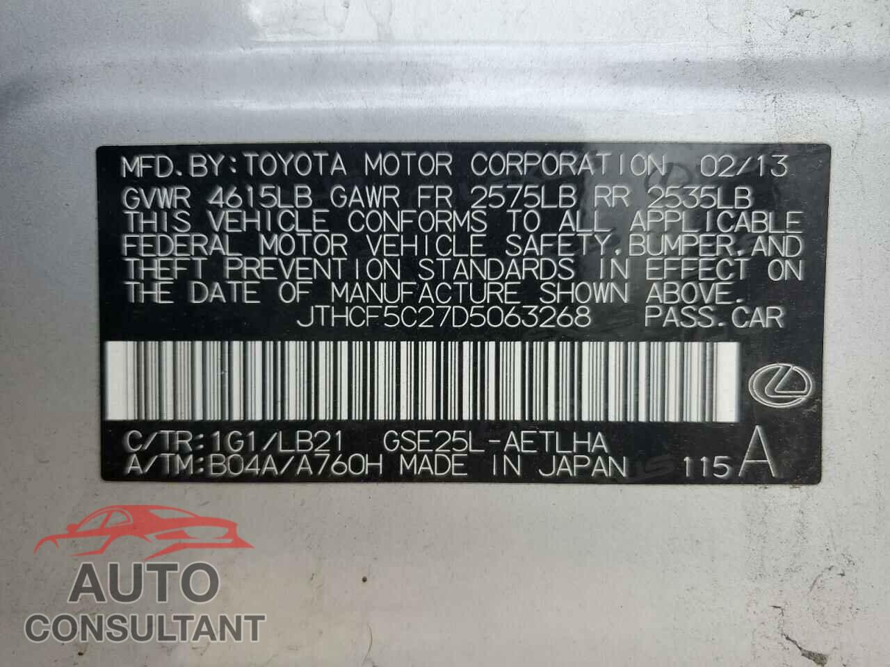LEXUS IS 2013 - JTHCF5C27D5063268