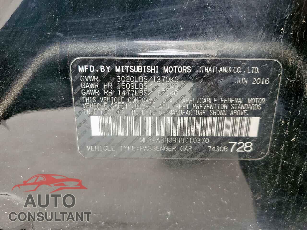 MITSUBISHI MIRAGE 2017 - ML32A3HJ9HH010370