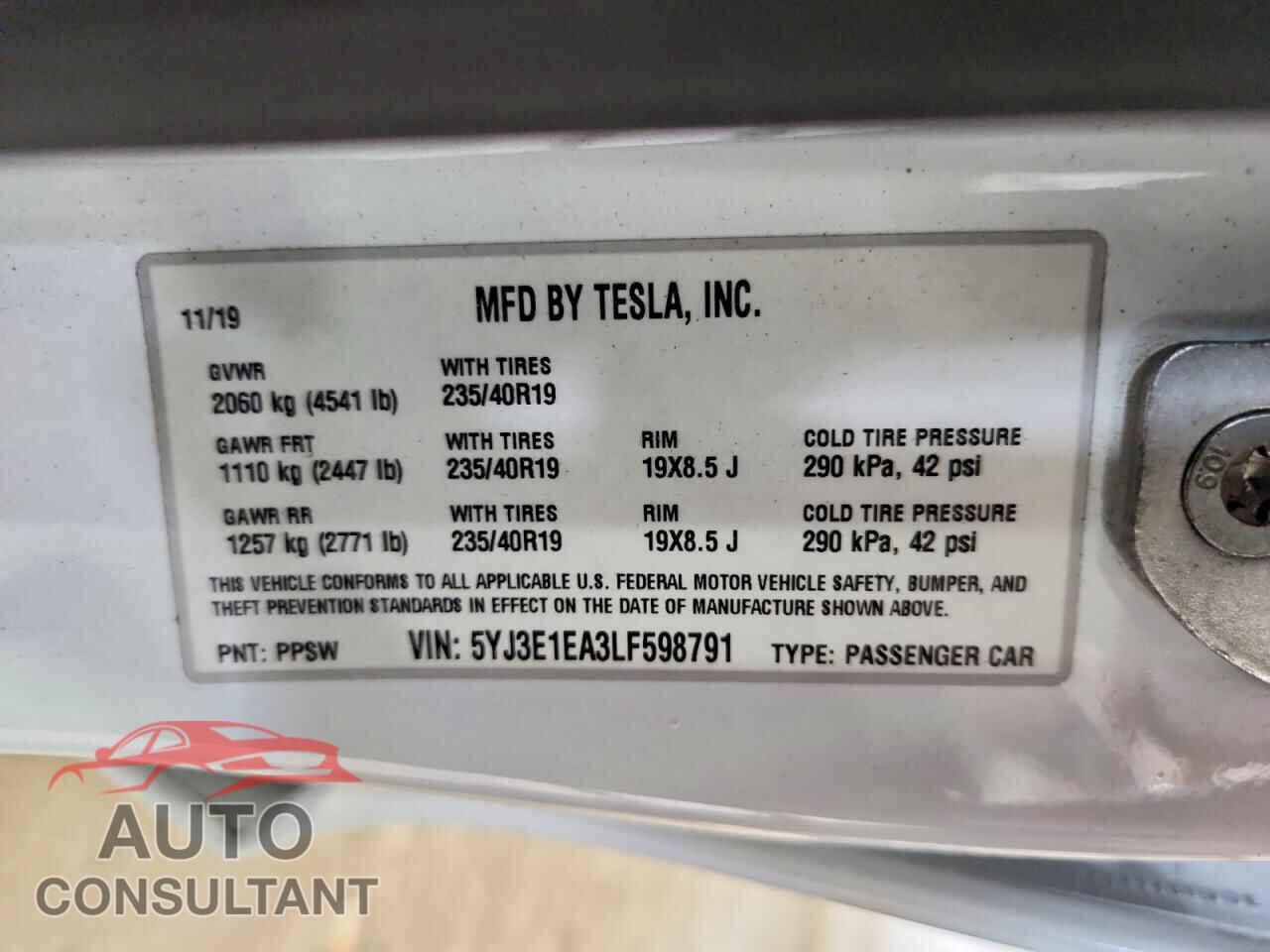 TESLA MODEL 3 2020 - 5YJ3E1EA3LF598791
