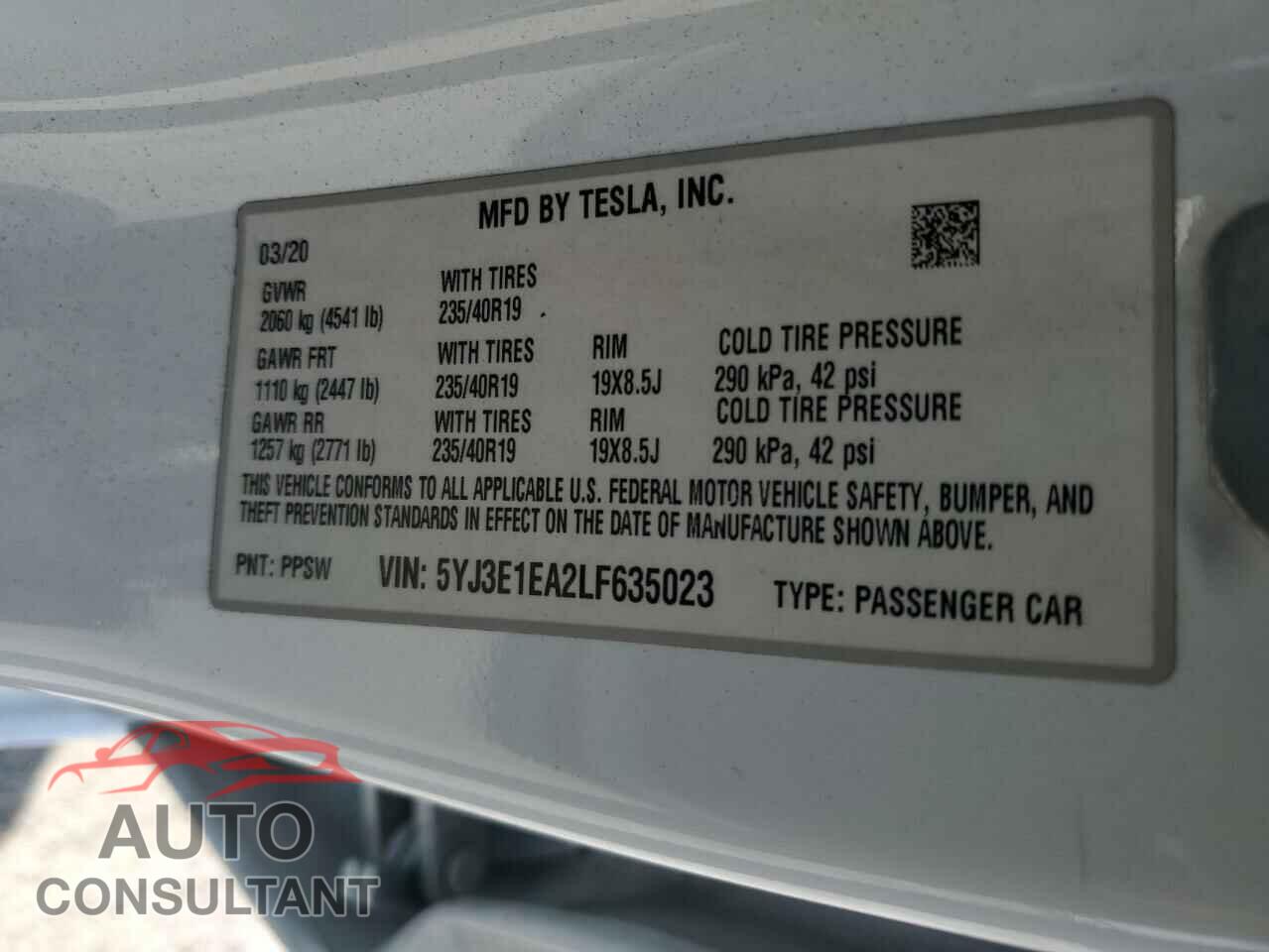 TESLA MODEL 3 2020 - 5YJ3E1EA2LF635023