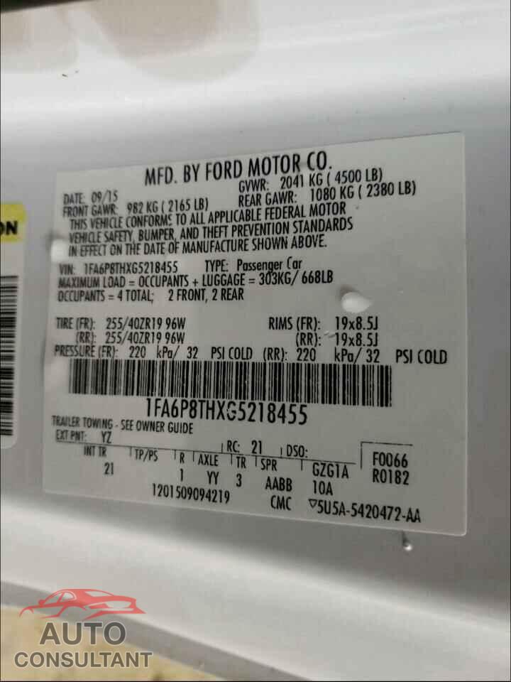 FORD MUSTANG 2016 - 1FA6P8THXG5218455