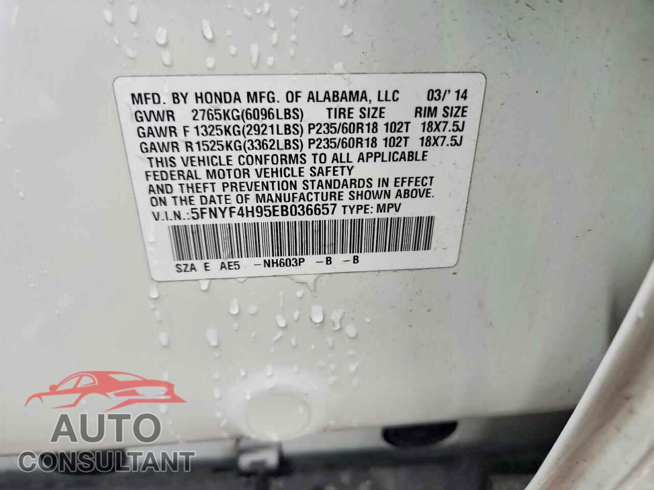 HONDA PILOT 2014 - 5FNYF4H95EB036657