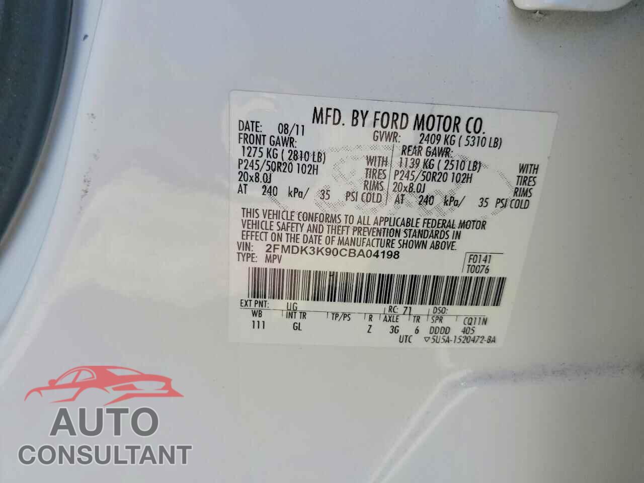 FORD EDGE 2012 - 2FMDK3K90CBA04198