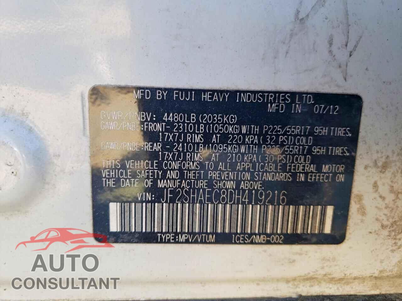 SUBARU FORESTER 2013 - JF2SHAEC8DH419216
