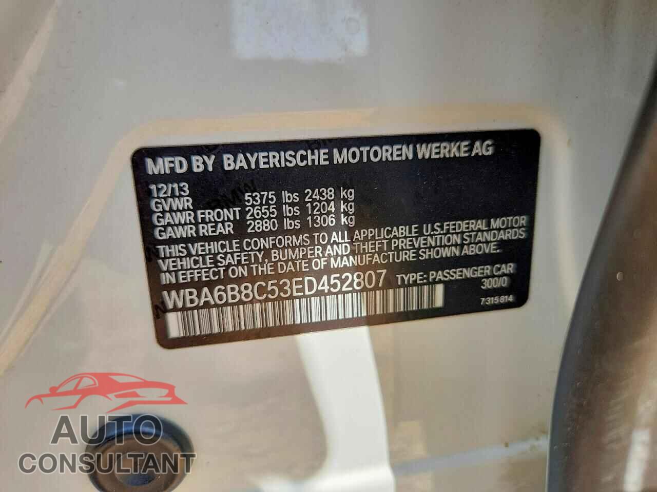 BMW 6 SERIES 2014 - WBA6B8C53ED452807