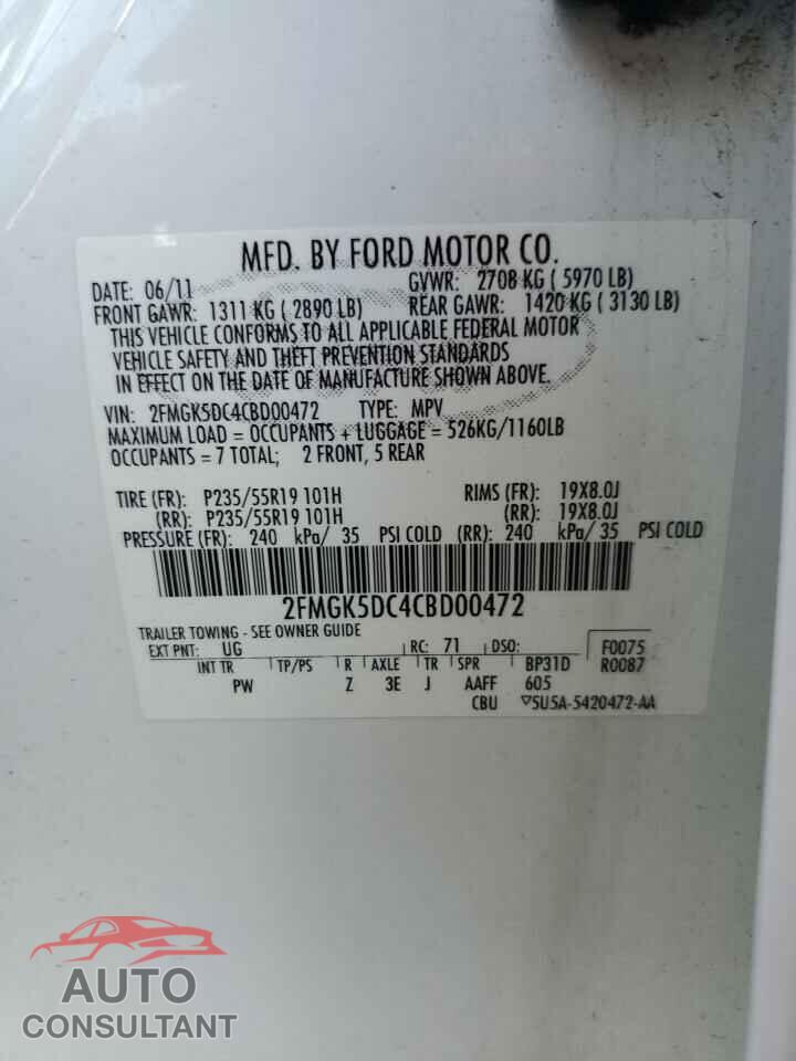 FORD FLEX 2012 - 2FMGK5DC4CBD00472