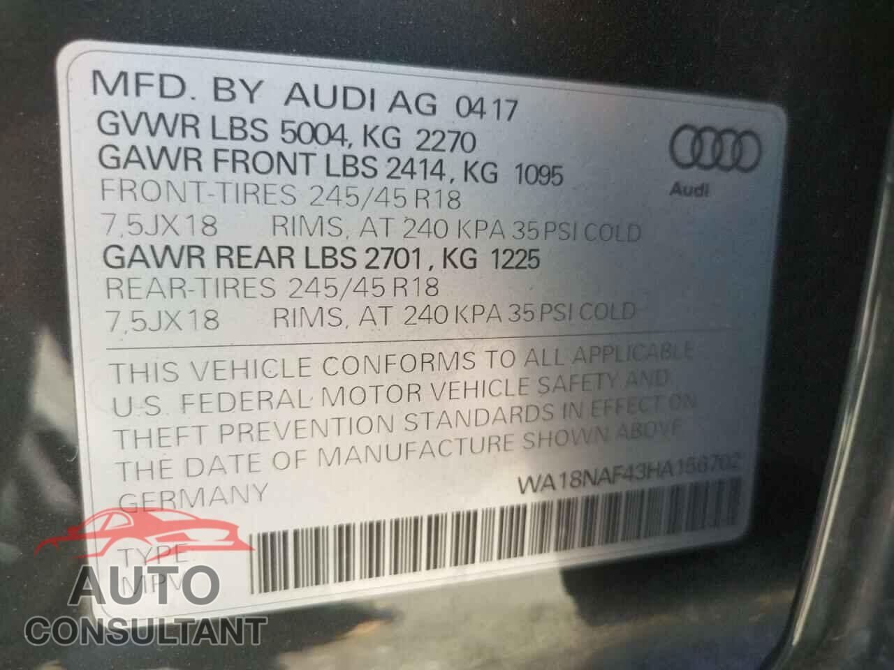 AUDI A4 2017 - WA18NAF43HA156702
