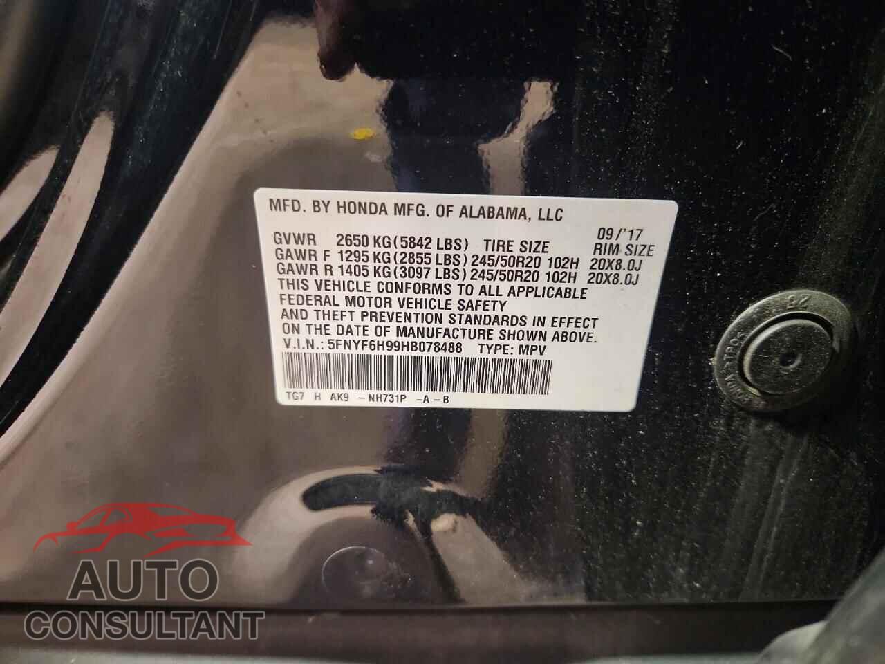 HONDA PILOT 2017 - 5FNYF6H99HB078488