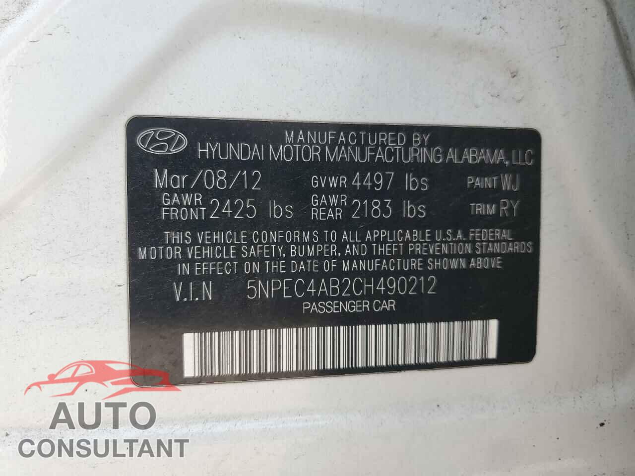 HYUNDAI SONATA 2012 - 5NPEC4AB2CH490212