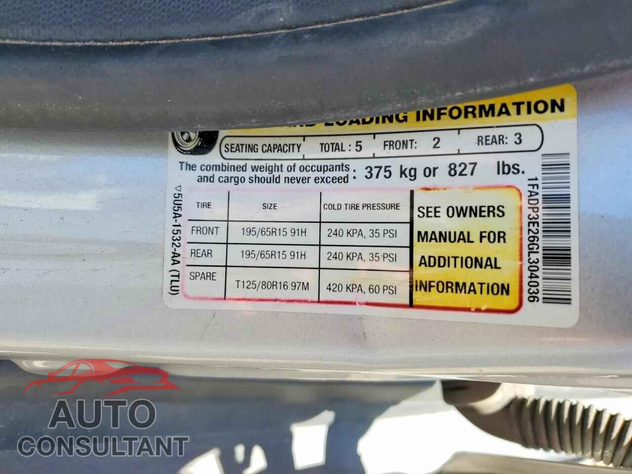 FORD FOCUS 2016 - 1FADP3E26GL304036