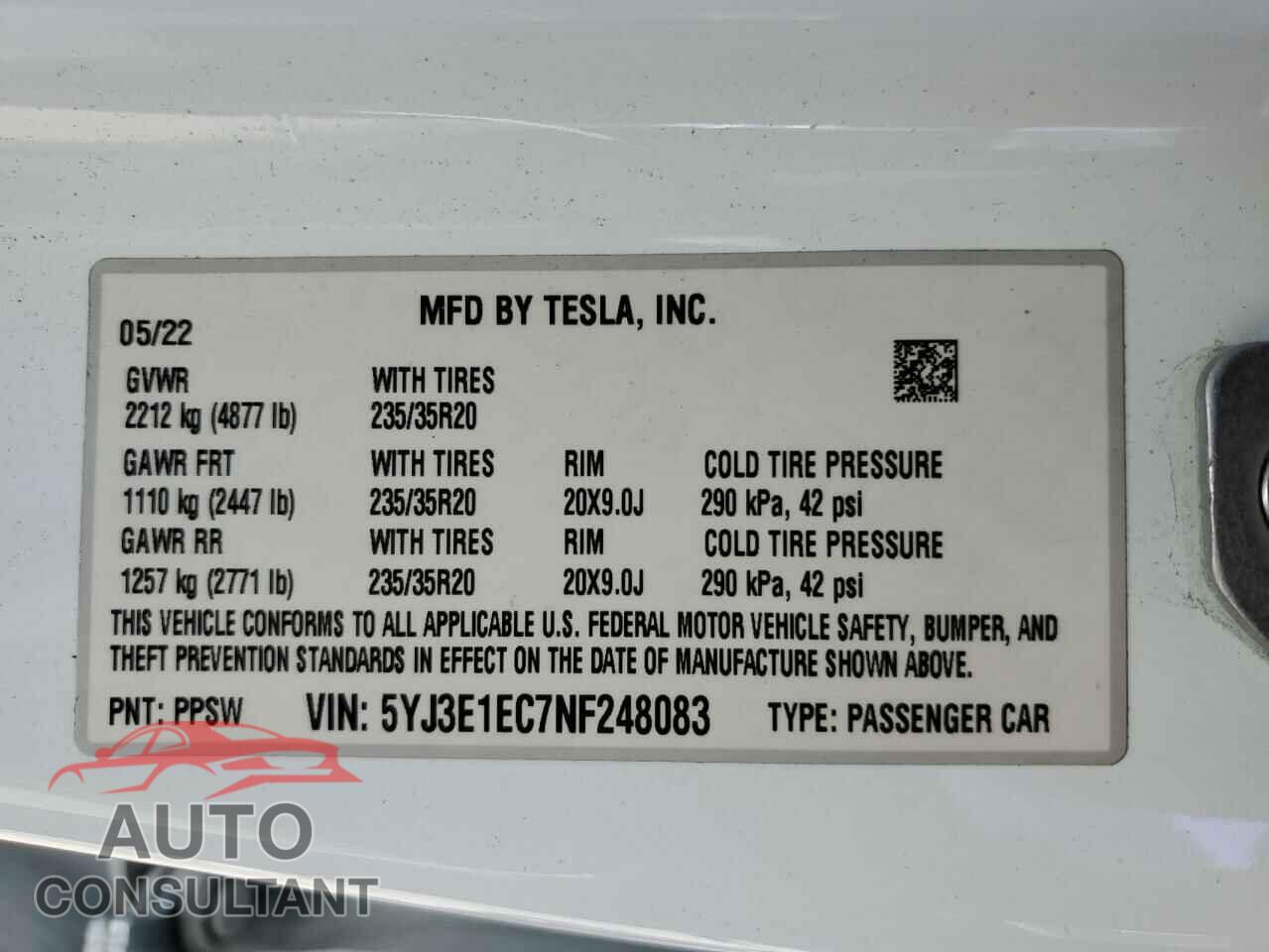 TESLA MODEL 3 2022 - 5YJ3E1EC7NF248083