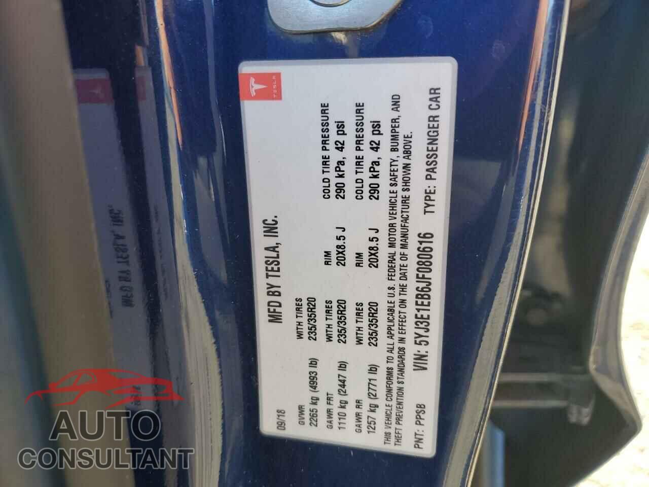 TESLA MODEL 3 2018 - 5YJ3E1EB6JF080616