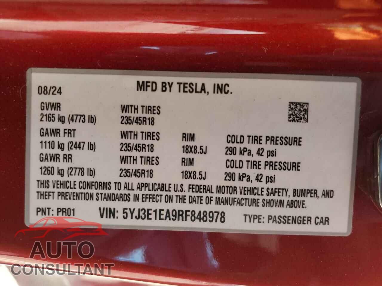 TESLA MODEL 3 2024 - 5YJ3E1EA9RF848978