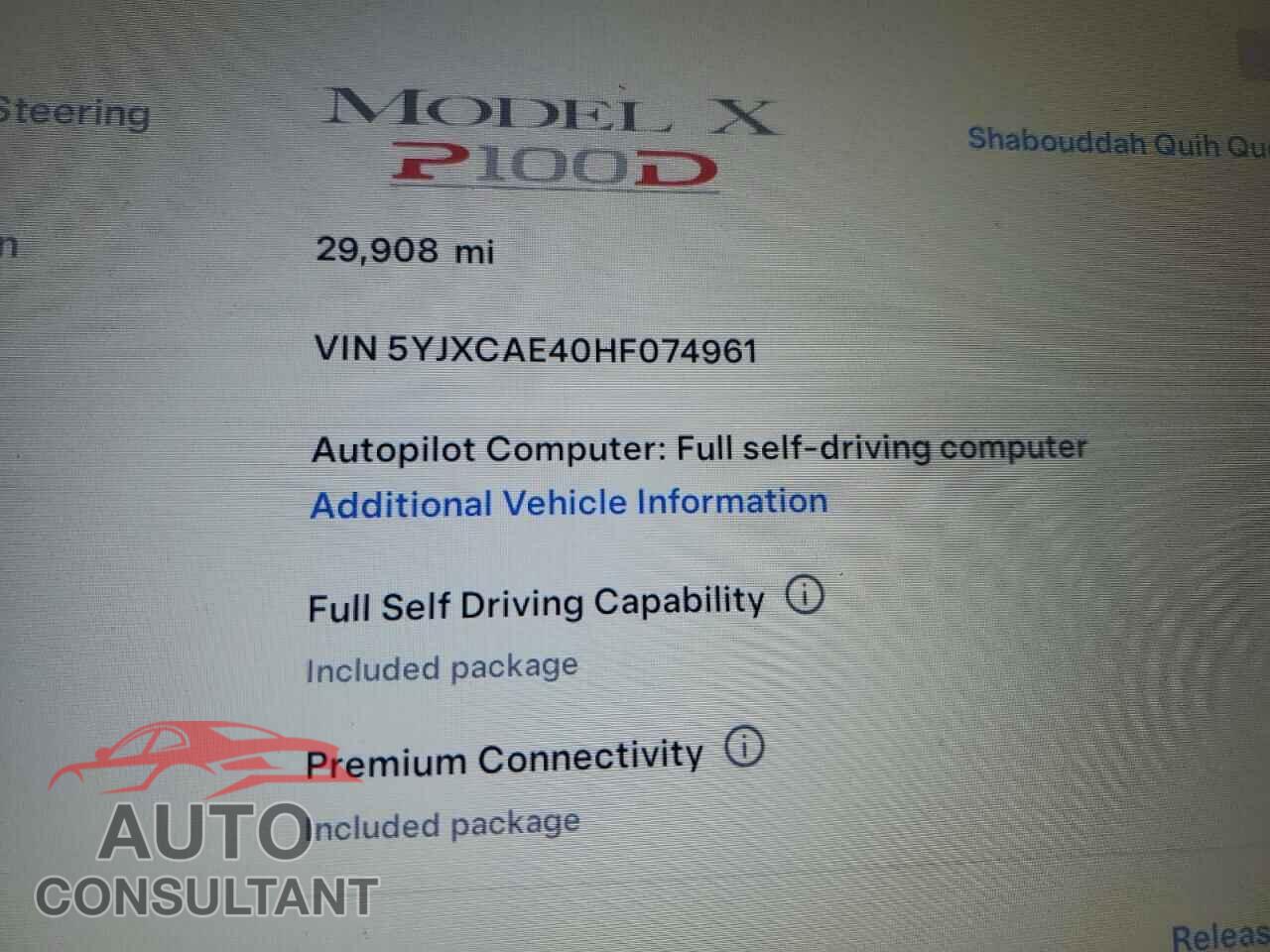 TESLA MODEL X 2017 - 5YJXCAE40HF074961