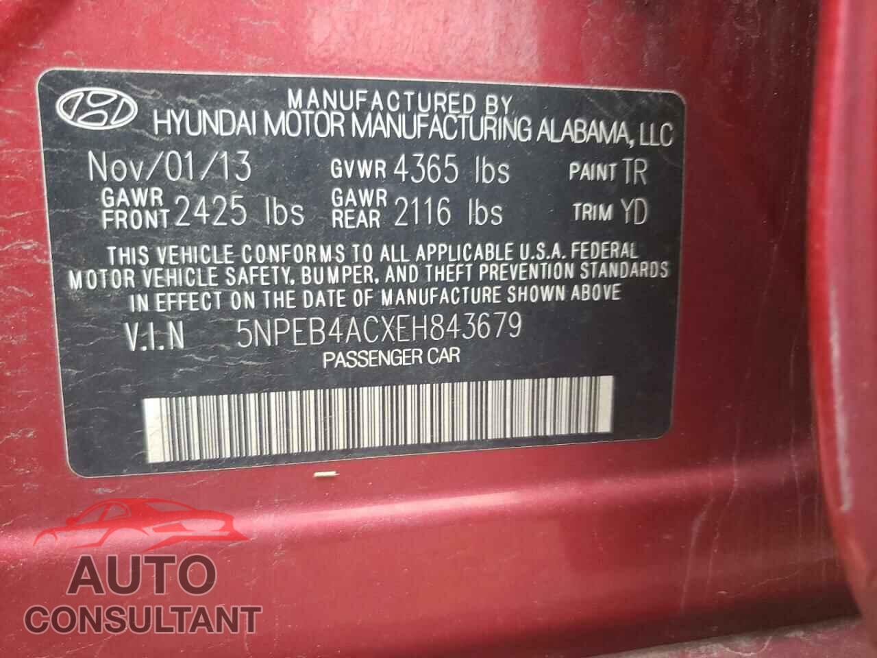 HYUNDAI SONATA 2014 - 5NPEB4ACXEH843679