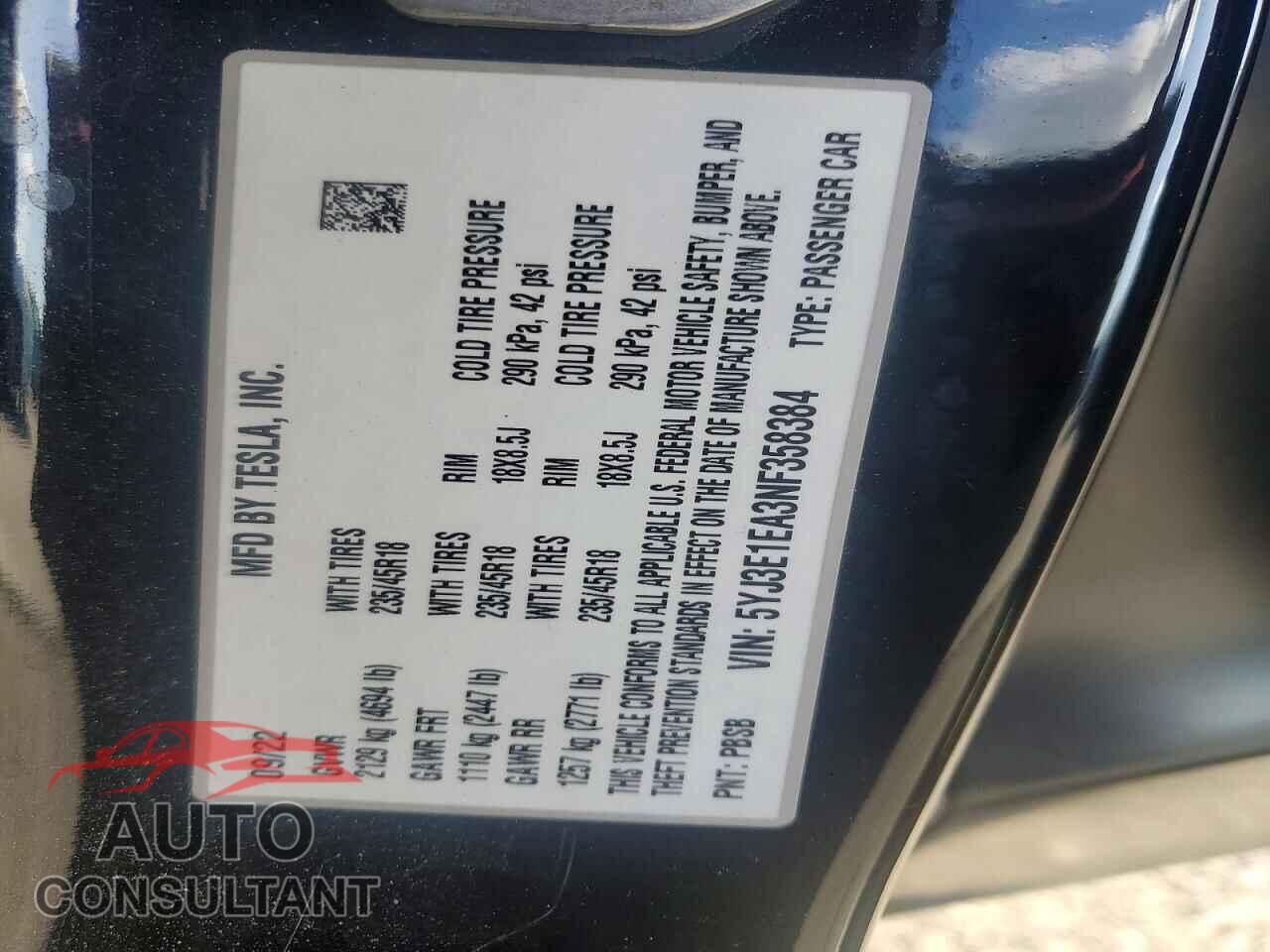 TESLA MODEL 3 2022 - 5YJ3E1EA3NF358384