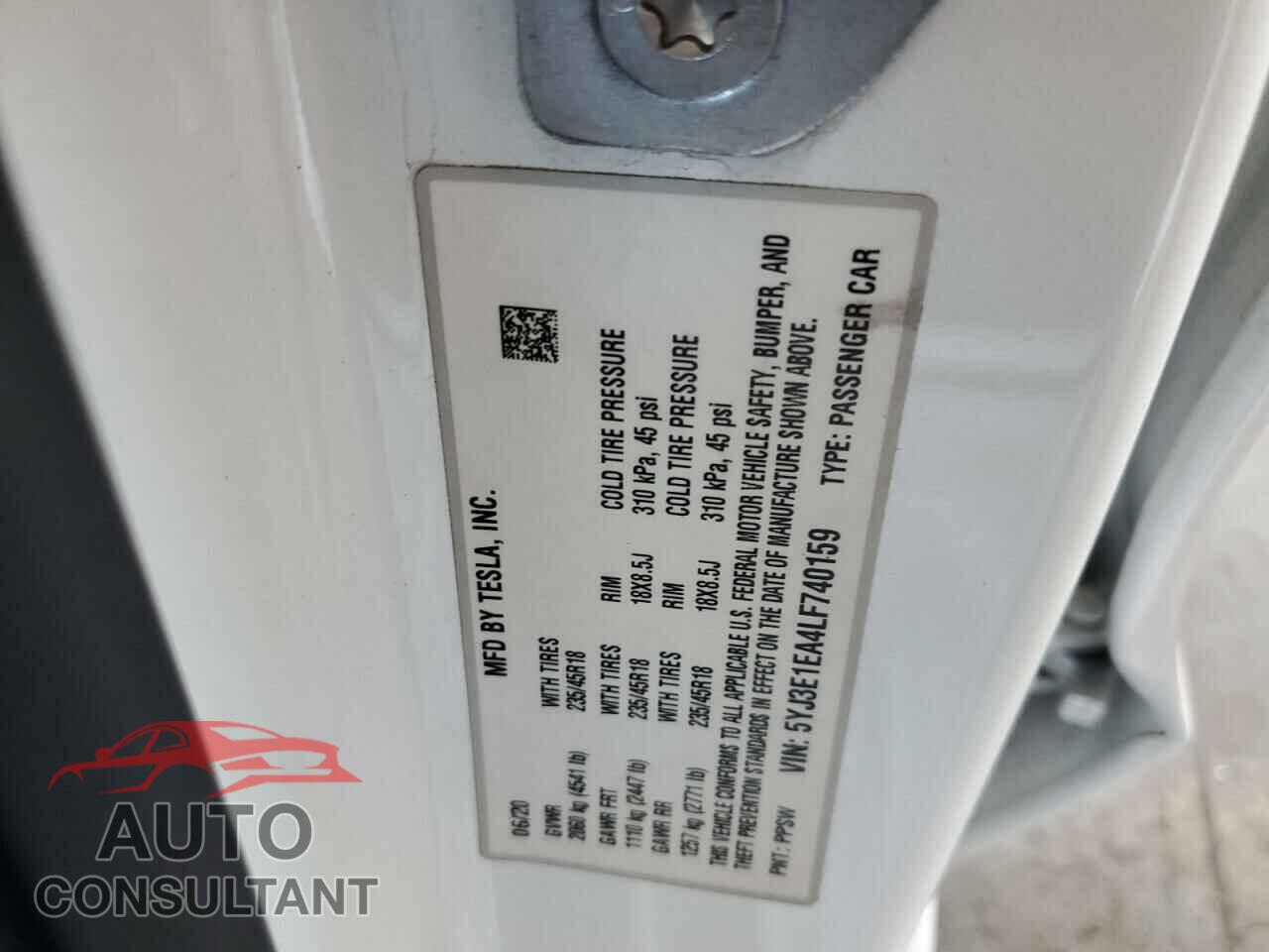 TESLA MODEL 3 2020 - 5YJ3E1EA4LF740159