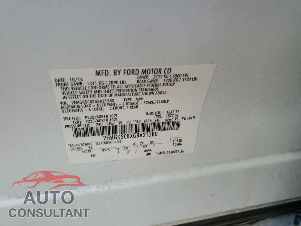 FORD FLEX 2016 - 2FMGK5C8XGBA21580