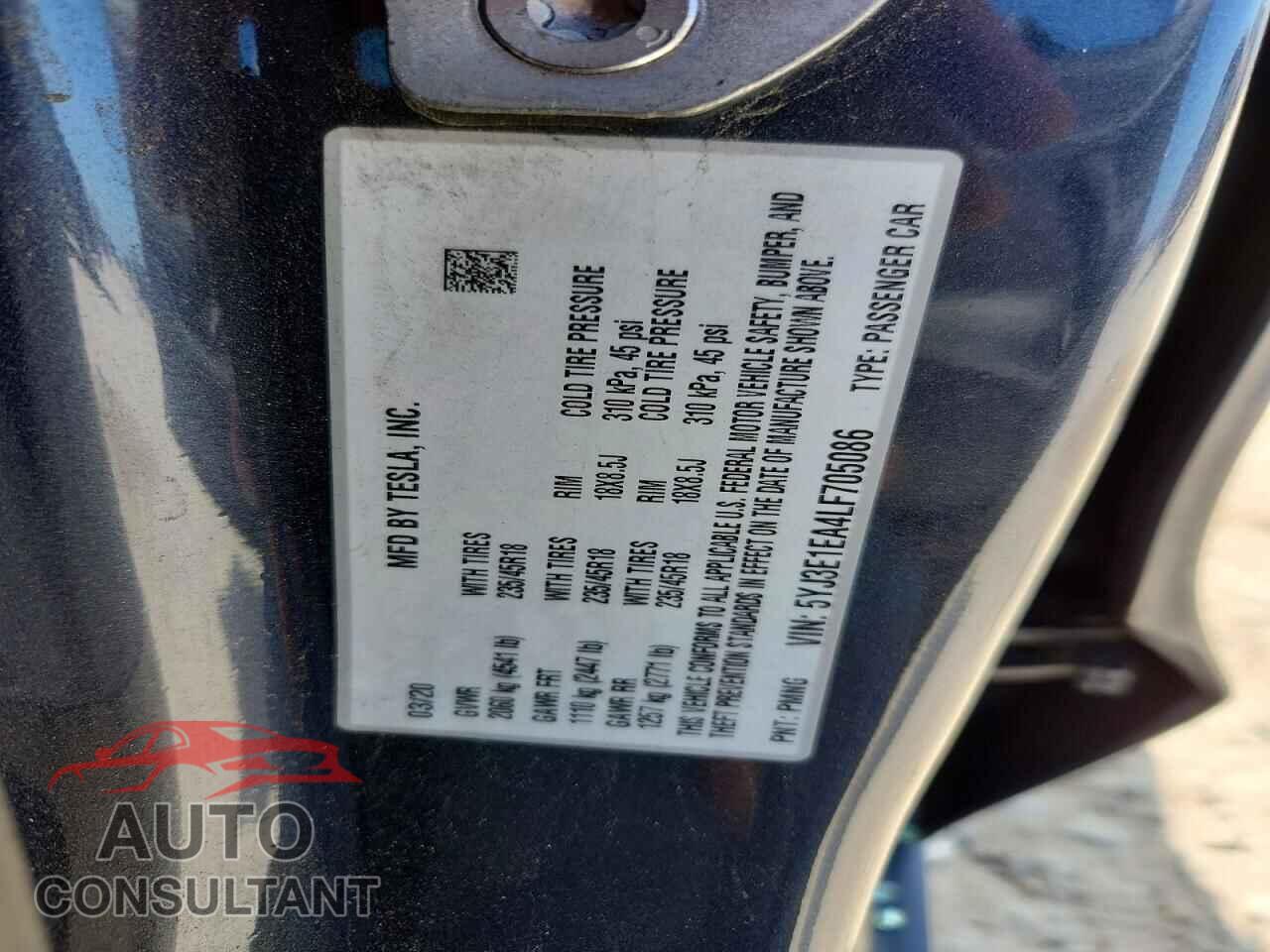 TESLA MODEL 3 2020 - 5YJ3E1EA4LF705086