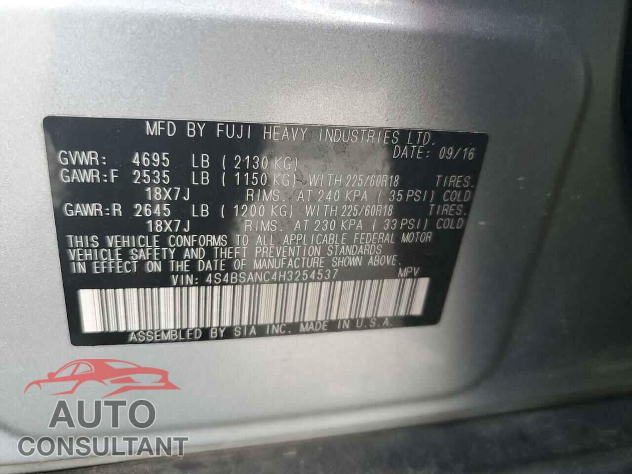 SUBARU OUTBACK 2017 - 4S4BSANC4H3254537