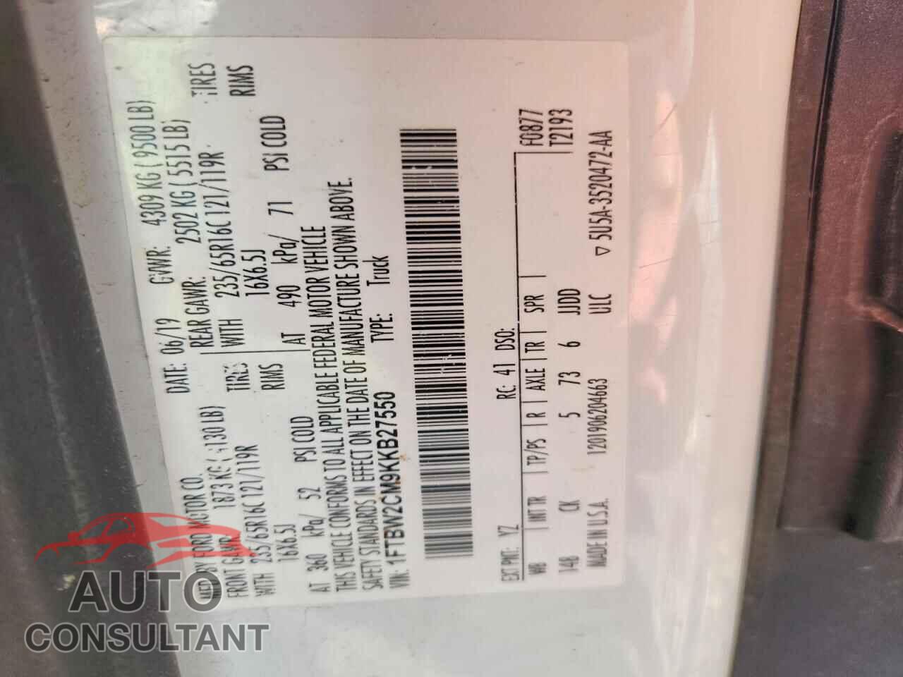 FORD TRANSIT 2019 - 1FTBW2CM9KKB27550