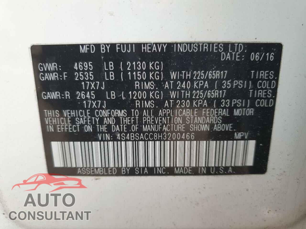 SUBARU OUTBACK 2017 - 4S4BSACC8H3200466