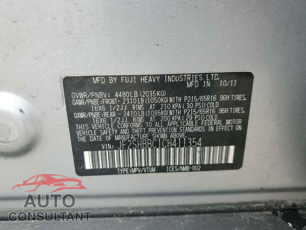 SUBARU FORESTER 2012 - JF2SHBBC1CH411354